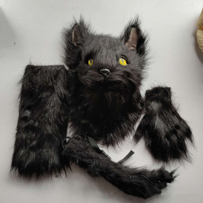 Latex with Fur Black Cat Cosplay Mask Scary Helmet Animal Funny Costume Hood Hair Mask Headwear Adult Halloween Party Props