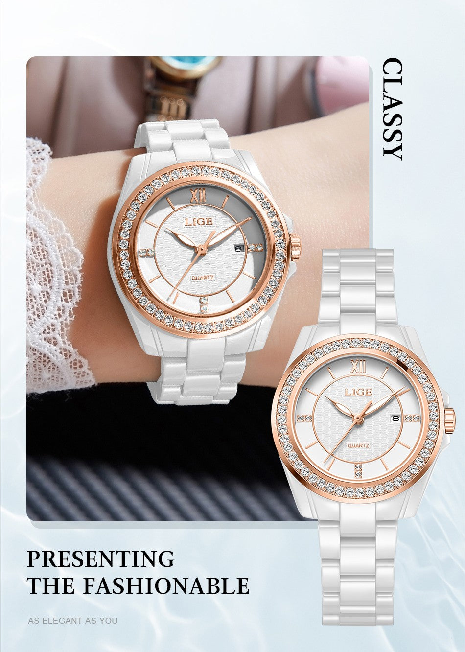 LIGE Fashion Quartz Watch for Women Stainless Steel Ceramics Strap Waterproof Women's Watches Elegant Luxury Ladies Wristwatch