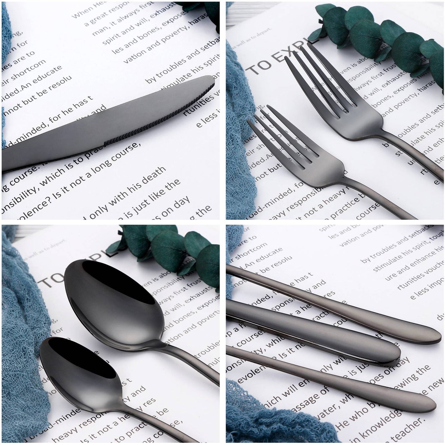 30/35/40 Peças Talheres Ocidentais Aço Inoxidável Preto Conjunto de Talheres Elegante Conjunto de Jantar Espelho Faca Garfo Colher Utensílios de Cozinha