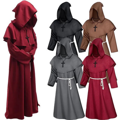Halloween Wizard Cosplay Medieval Monk Hooded Robe Costume Mask Hat For Men Steampunk Priest Horror Masquerade Unisex Cloak Cape