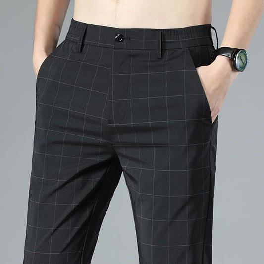 Male Suit Trousers Check Cooling Ice Silk Plaid Straight Up Clothes Offer Slacks Designer Men's Summer Pants Fabric 2024 Classic