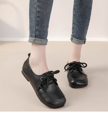 Vintage Plain Oxfords Shoes Women's Genuine Leather Flats Ladies Laced Up Moccasins Elderly Woman Square Toe Driving Loaferss
