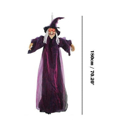 Bruxa Falante em Tamanho Real de Halloween Roxo Assustador Decoração Gritante Controlada por Voz com Olhos Brilhantes
