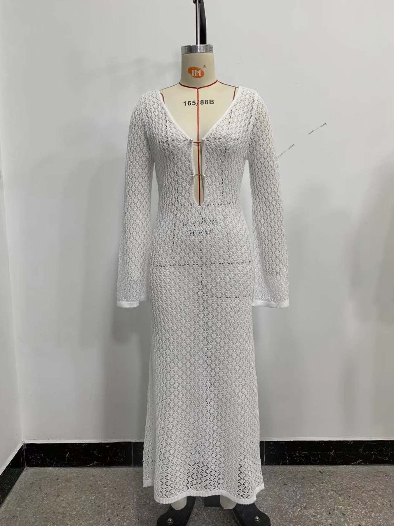Sexy Women White Long Knit Sleeve Bikin Fashion Cover up Female See-Through Deep