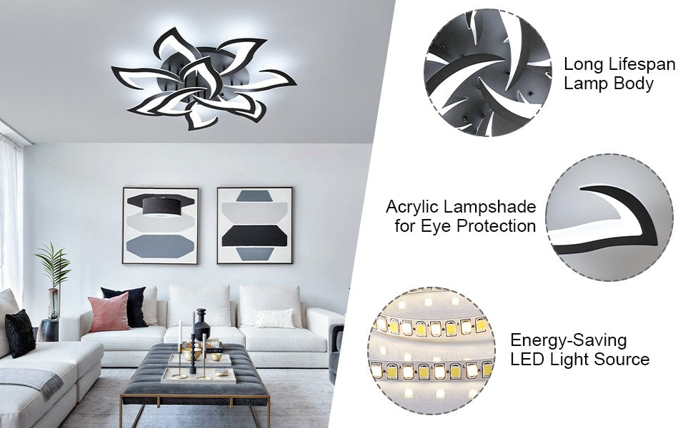 Flower Shape LED Ceiling Light, Dimmable 3000K-6500K APP for Living Room Bedroom Kitchen Modern Acrylic Chandelier Energy Saving