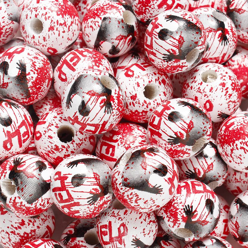 10pcs 16mm Wooden Spacer Beads Halloween Print Spider Eye Witch Bloodstain Ghost Face Mask Beads For Making Bracelet Necklace