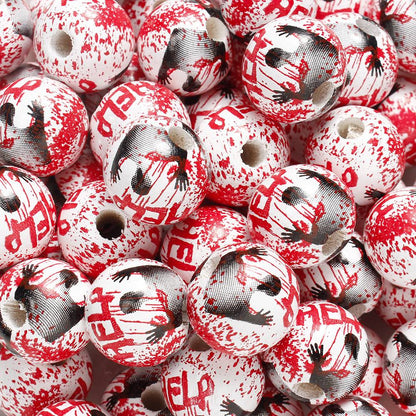 10pcs 16mm Wooden Spacer Beads Halloween Print Spider Eye Witch Bloodstain Ghost Face Mask Beads For Making Bracelet Necklace