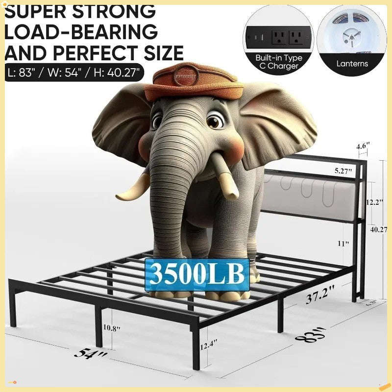 Black Platform Bed Full-Size, Charging Station & LED Lights - Double Storage Headboard for Room