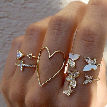 Conjunto de Anéis de Cristal Cor Prata para Mulheres, Anéis de Dedo de Zircônia Cúbica de Lua, Flecha, Flor, Coração, Joias Femininas da Moda