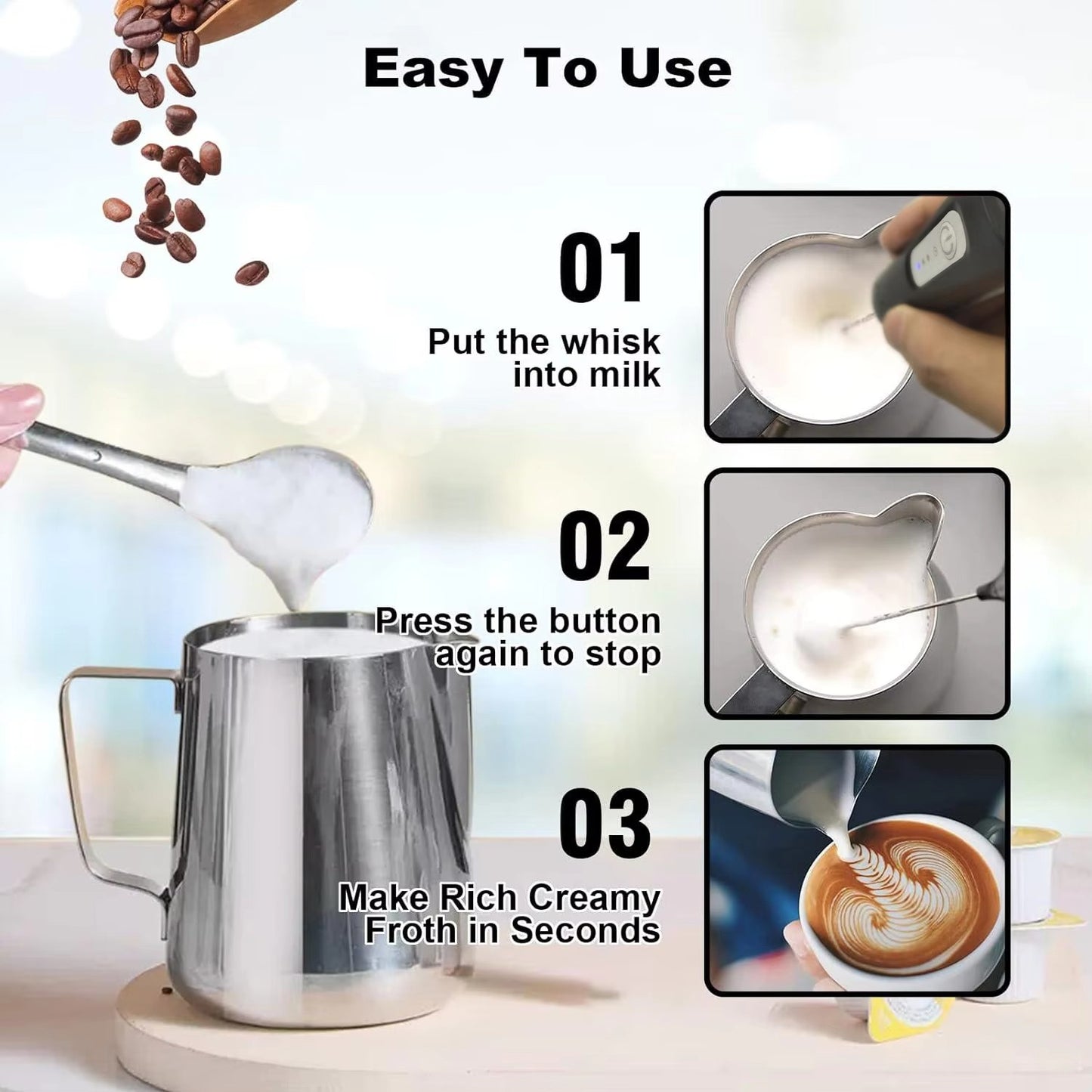 Espumador de leite portátil, batedor de ovos elétrico, máquina de café portátil, liquidificador USB ajustável de 3 velocidades, batedeira de alimentos de cozinha