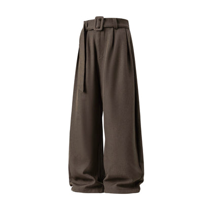 Men's Pleated Drape Curved-Leg Trousers Loose-Fit Straight-Leg Pants Retro-Style Belted Casual Pants