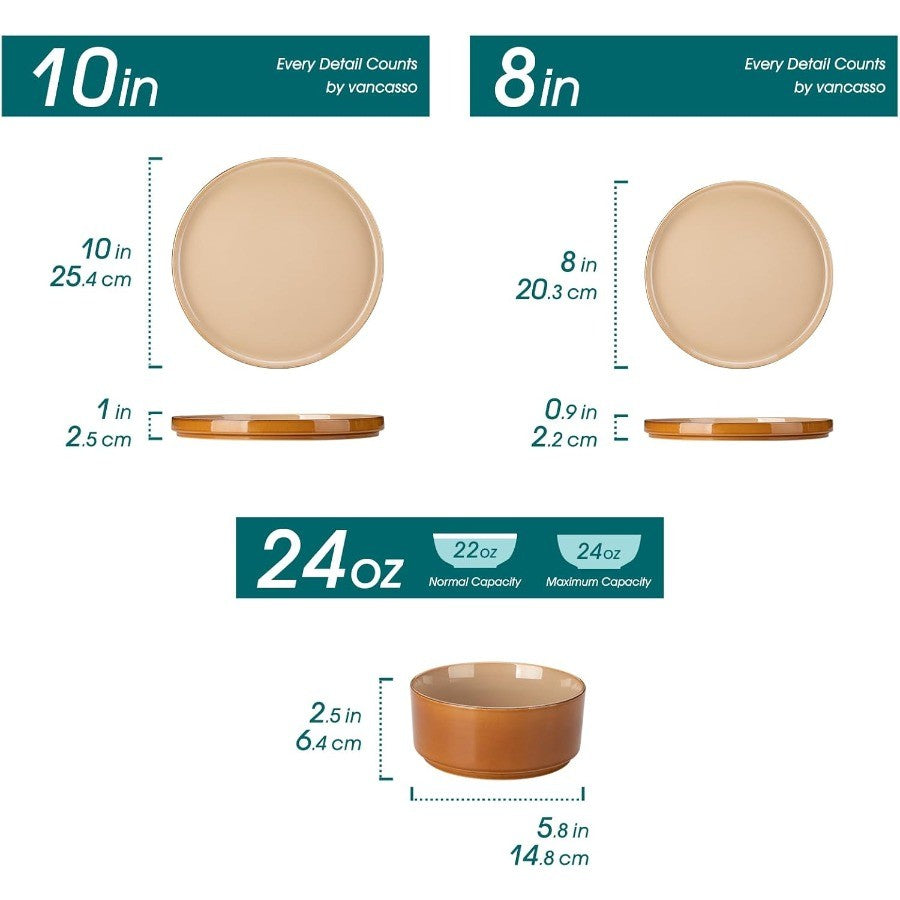 Ceramic Plates and Bowls Sets 12 Pieces Brown Dinnerware Sets for Kitchen Reactive Glaze Dishes Set for 4 Dishwasher and Microw