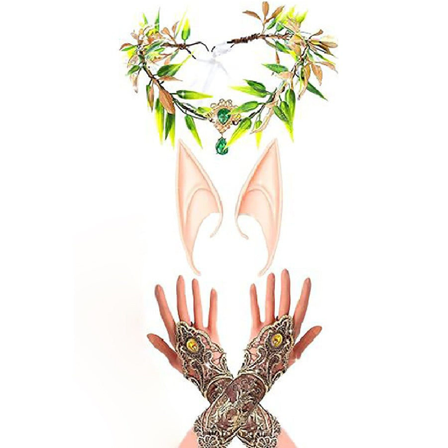 Halloween Costume Set Decoration Pixie Leaf Wreath Elegant Fairy Queen Costume Headbands with Elf Ears For Parties Cosplay