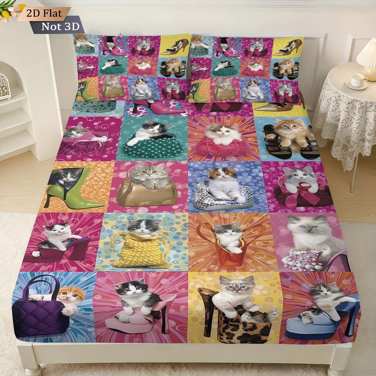 3pcs fabric splicing cute cat coreless bed sheet set, multi size bed cover bedroom bedding, holiday decoration, machine washable