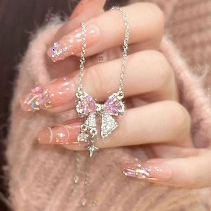 Colar de laço rosa fofo e descolado, corrente de clavícula, acessórios versáteis, luxuosos e simples.
