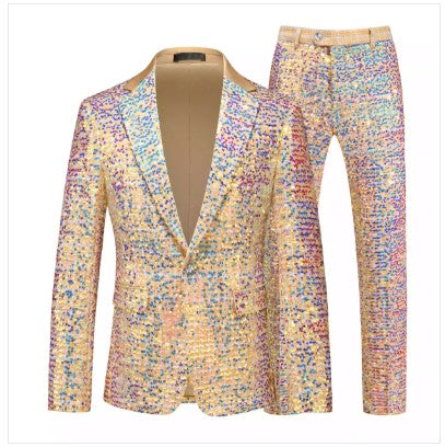 High-quality Sequined Suits Men Clothing Gold / Silver Autumn / Winter New Male Wedding Banquet Party Dress Blazer and Pant