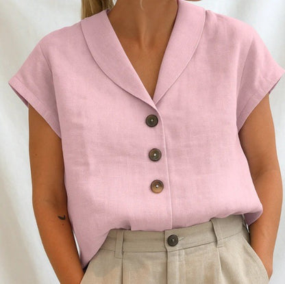 2025 Women's Short Sleeve Shirt, V Neck Solid Color Blouse Casual Button Down Open Front Cardigan