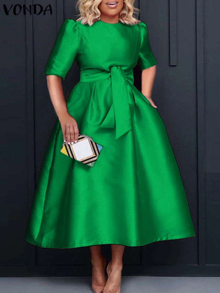 VONDA Elegant Women Satin Short Sleeve Midi Dress 2024 Summer Vestidos Casual Be