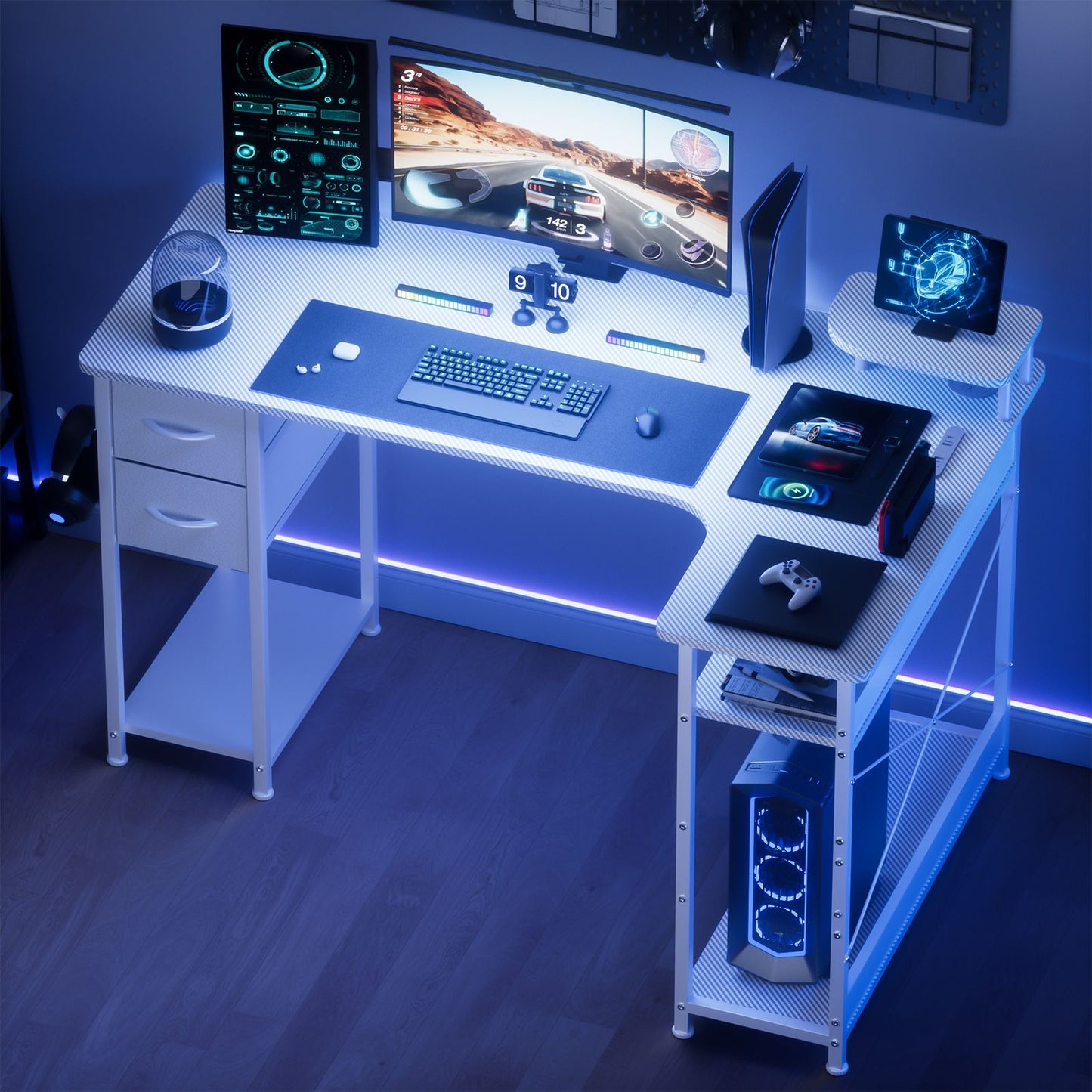 Mesa Gamer em L com Gavetas, Mesa de Computador em Fibra de Carbono com Suporte para Monitor, Mesa Gamer para Escritório Doméstico