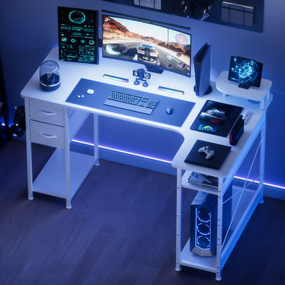 Mesa Gamer em L com Gavetas, Mesa de Computador em Fibra de Carbono com Suporte para Monitor, Mesa Gamer para Escritório Doméstico