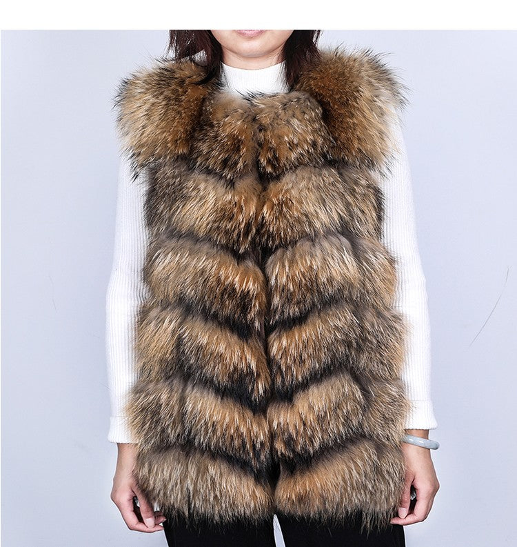 Maomaokong Natural Raccoon Real Fur Coat Ladies Waistcoat Fur Mid-length Winter Warm Real Fur Coat Luxury Women coat Top Vest