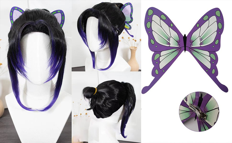 Peruca de Cosplay Kochou Shinobu Kimetsu No Yaiba, peruca preta e roxa sintética resistente ao calor para Halloween, presilha de cabelo de borboleta