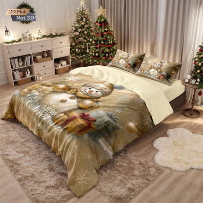 3pcs Golden Christmas Snowman Printed Chipless Bedding Set Soft Dormitory Bedroom Multiple Sizes Machine Washable