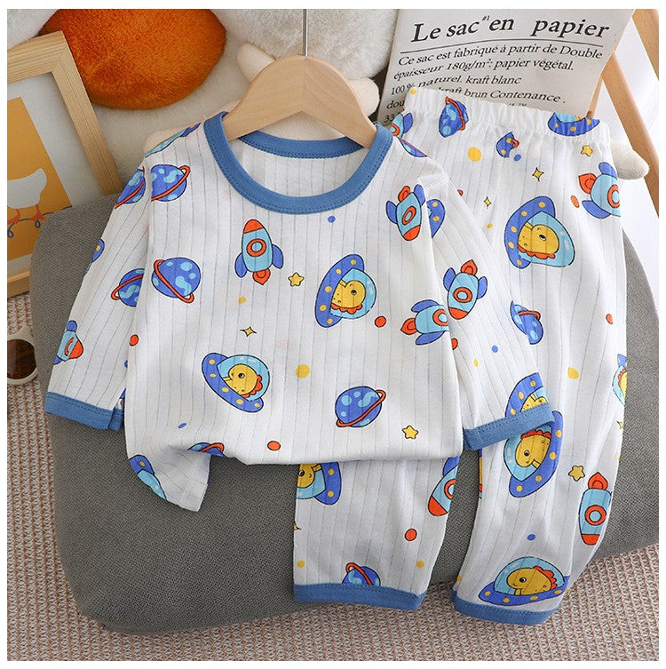 Kids Boys Girls Summer Cotton Thin Pajamas Cute Cartoon Print Long Sleeve T-shirt Tops+Pants Baby Clothing Sets
