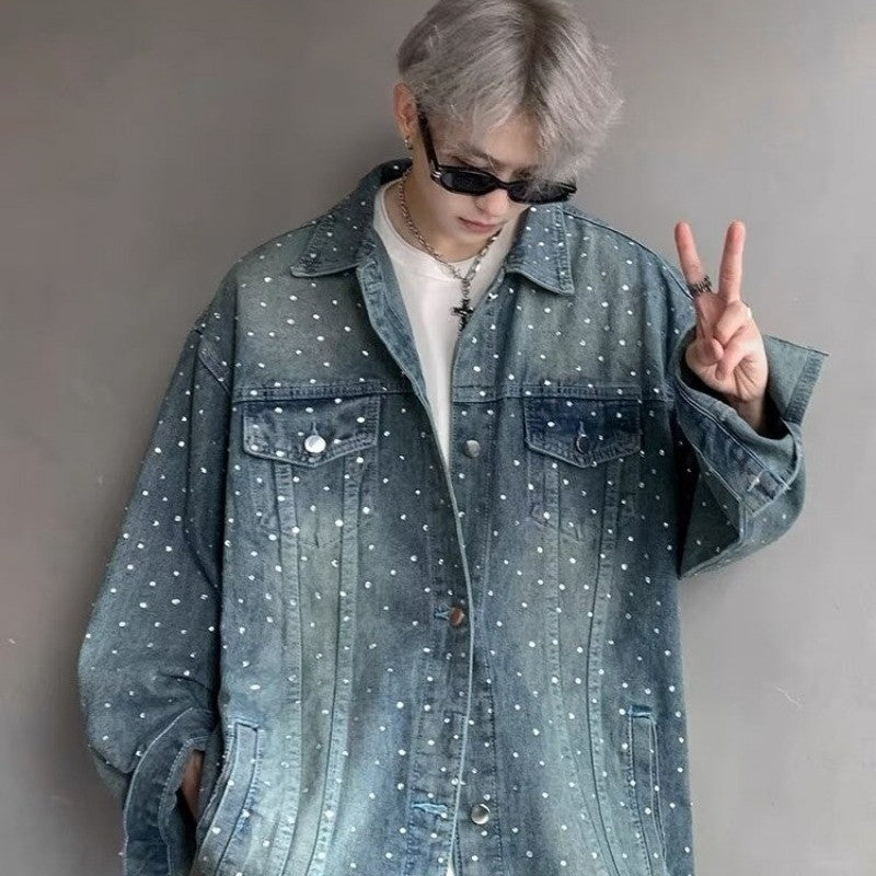 American Trendy Denim Jacket Mens Make Old Flash Diamond Fashion Outwear Spring Single-breasted Street Couple Cowboy Coats