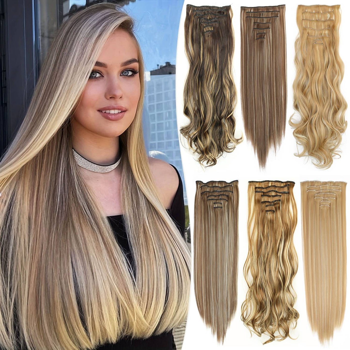 Cabelo Liso Comprido 16 Clipes 7 Pçs/Conjunto de Apliques de Cabelo Sintético Natural Loiro Preto Resistente ao Calor 2026