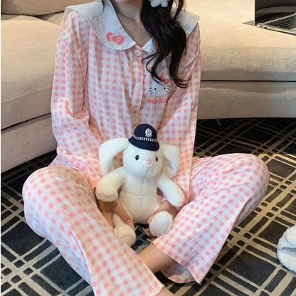 2pcs Sanrio Plus Size Pajamas Hello Kitty Kawaii Cartoon Women's Sleepwear Pajamas Sets Bow Cute Autumn Winter New Pajamas Set