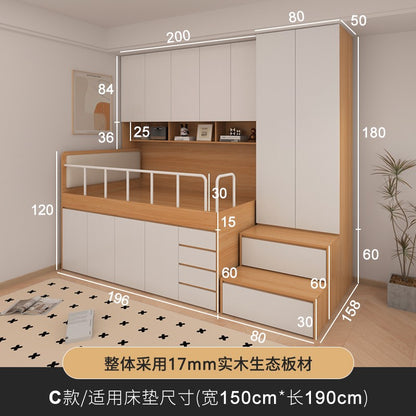 Cama de tatame infantil com baú, armário e estrado alto para quarto pequeno