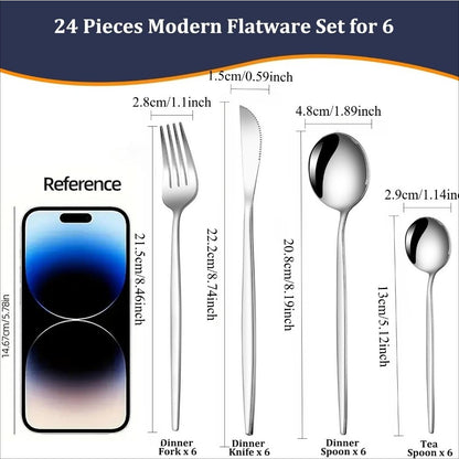 Conjunto de Talheres de Aço Inoxidável com 24 Peças para 6 Pessoas, Lavável em Lava-Louças