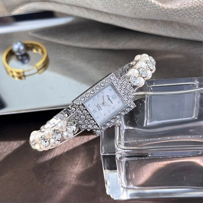 French Romantic Double-Row Exquisite Small Pearl Bracelet Watch Square Diamond-Encrusted Light Luxury Ladies Quartz Watch