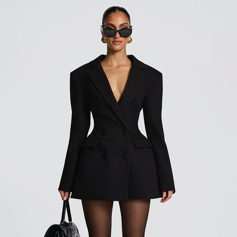 Mozision Deep V Neck Long Sleeve Sexy Mini Blazer Dress Women Elegant Double-breasted High Waist Club Party Blazers Dress