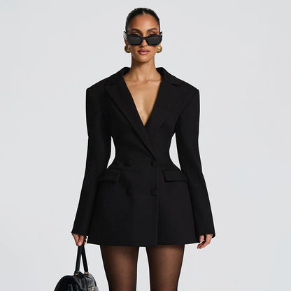 Mozision Deep V Neck Long Sleeve Sexy Mini Blazer Dress Women Elegant Double-breasted High Waist Club Party Blazers Dress