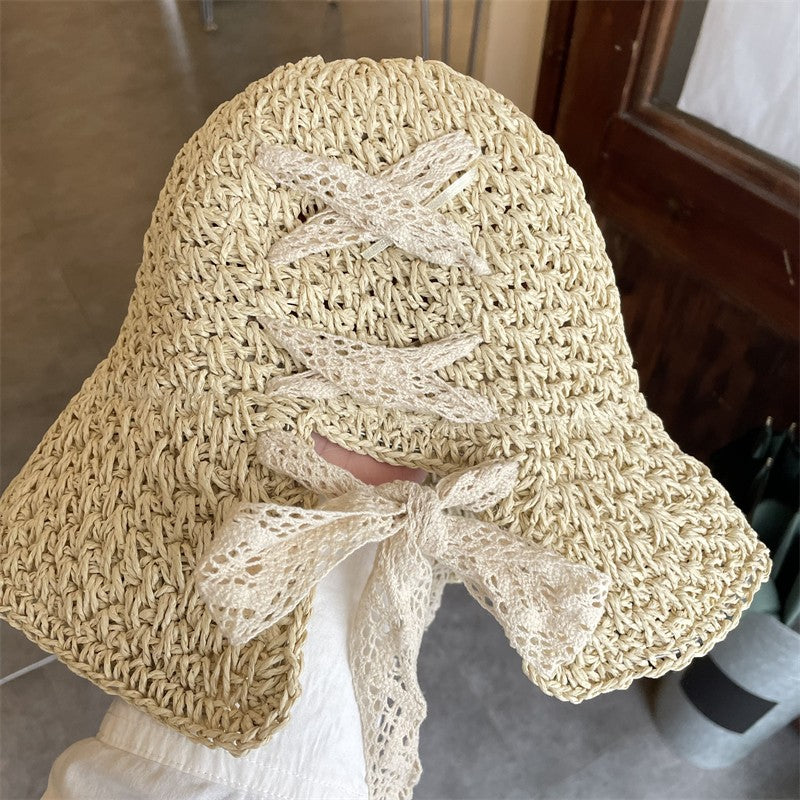 Straw Hat Women's Lace Bow Hollow Crochet Cap Summer Sunshade Sun Hat Fashion Foldable Beach Hat