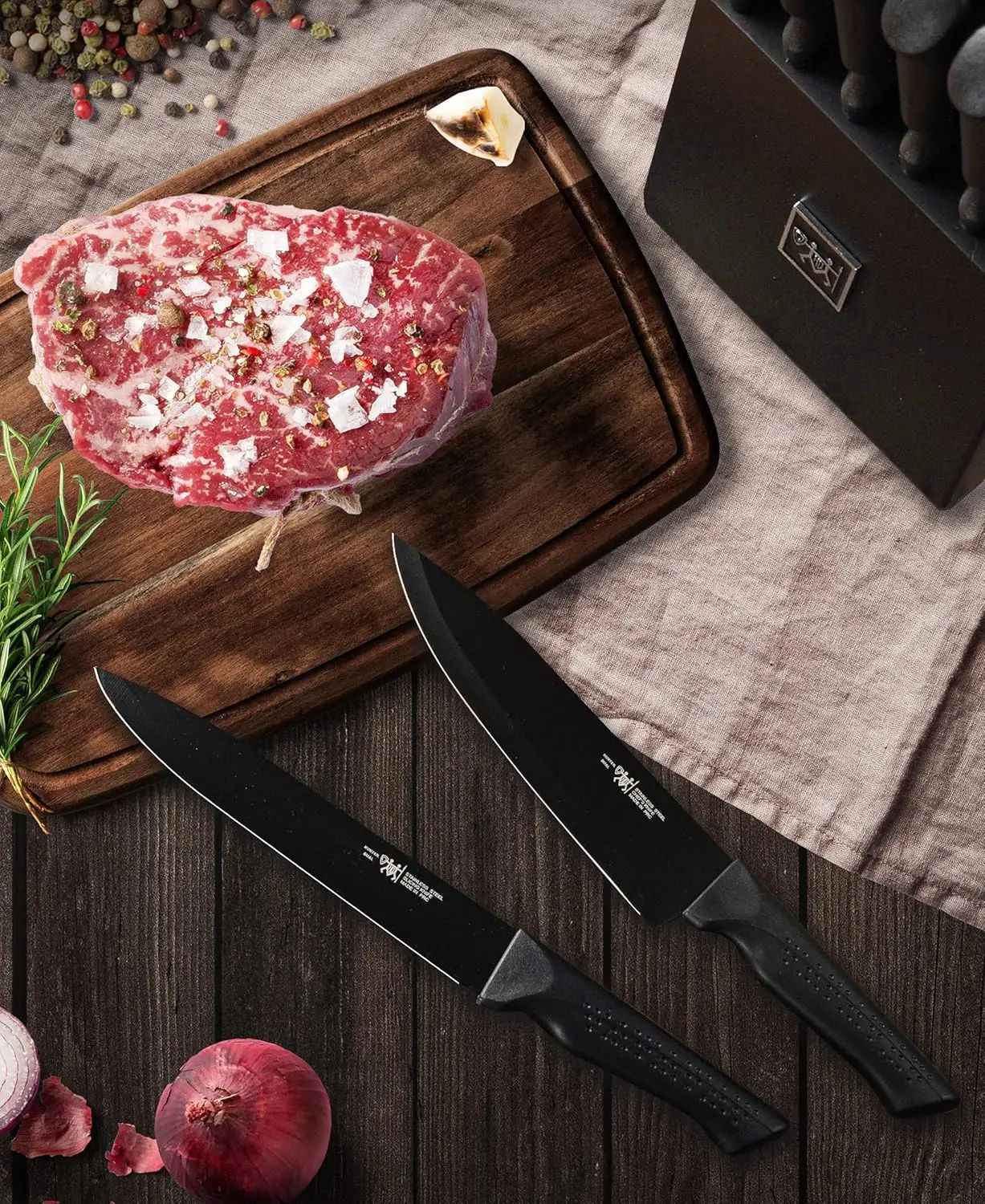 Conjunto de Facas, 15 Peças Conjunto de Facas de Cozinha com Bloco Autoafiável, Lavável na Lava-louças, 6 Facas de Carne, Cabo Antiderrapante, Preto
