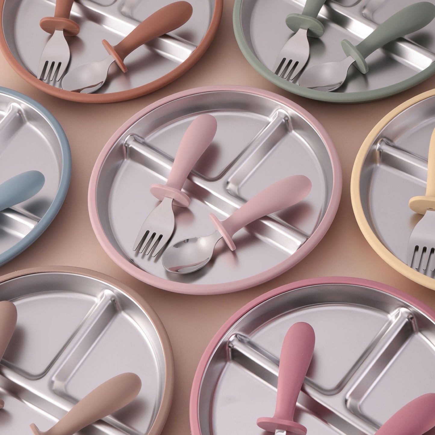 3PCS Silicone Stainless Steel Feeding Kit Toddler Sucker Feeding Dishes Plate Infant Self Feeding Training BPA Free Fork Spoon