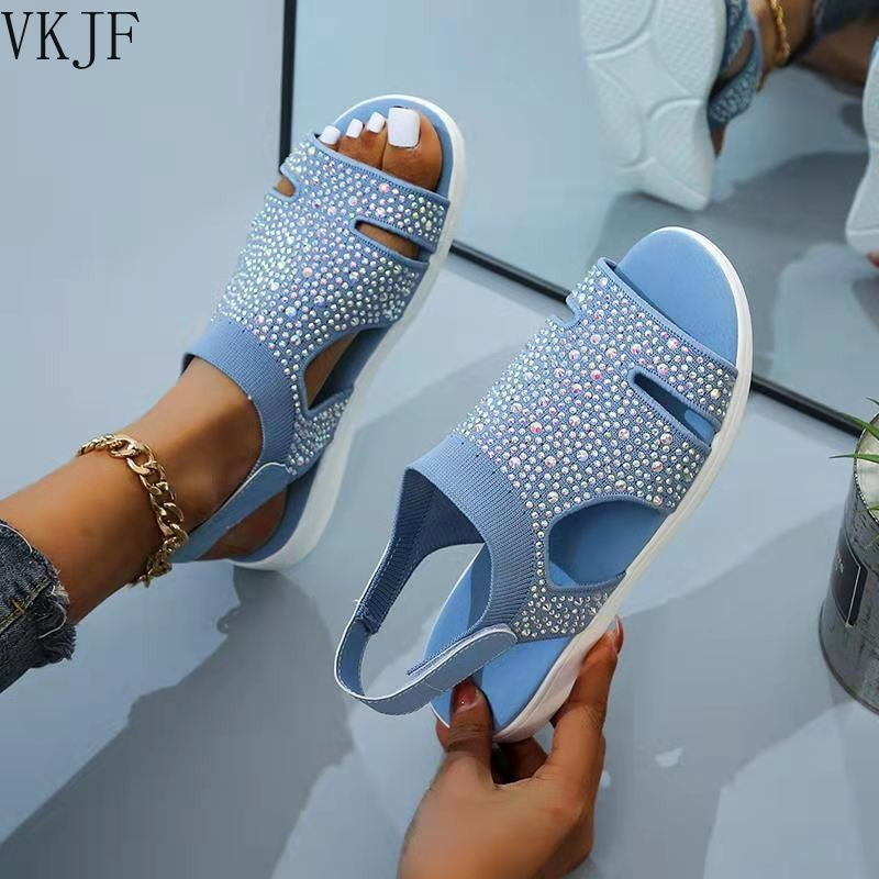 2023 New Summer Women Sandals Sexy Shoes Crystal Casual Woman Flats Buckle Strap Ladies Fashion Beach Shoe Big size 36-43