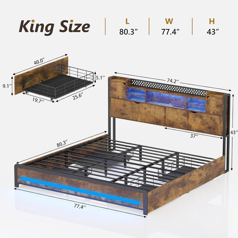 King Size Bed Frame with Storage Drawers and Bookcase Headboard, Wooden Platform King Bed with LED Lights and Charging Station,