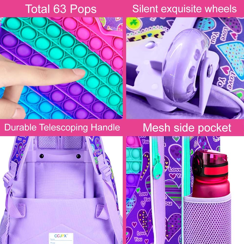 Mochila de Rodinha 3 Peças para Meninas, Mochila com Rodas para Crianças, Mochila Escolar com Rodinhas e Lancheira - Coração Roxo