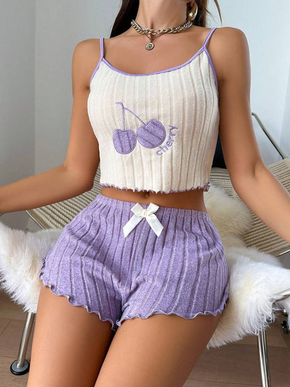 Women Casual Summer 2pcs Pajamas Simple Ground Wool Halter Vest Tops and Shorts Set Home Wear Sleepwear Loungerwear