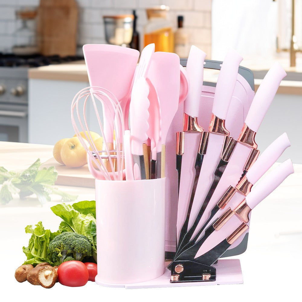 MDHAND Kit de Utensílios de Cozinha de Silicone Resistente ao Calor com 20 Peças, com Cabos de Madeira, Facas, Colher de Sopa com Tesouras, Cozinhe Sem Complicações