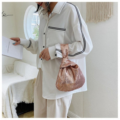 Ladies Trendy Fashion Reversible Sequin Evening Clutch Purse Women Girls Small Glitter Wrist Knot Bag