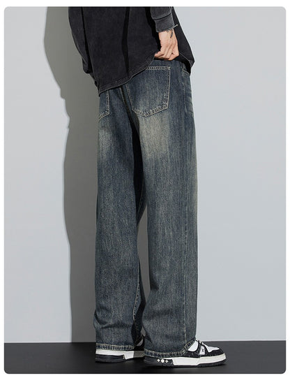 Calças Jeans Masculinas Folgadas de Algodão Perna Larga Retrô Estilo Urbano Coreano Reta Lavada Calças Jeans de Marca de Alta Qualidade