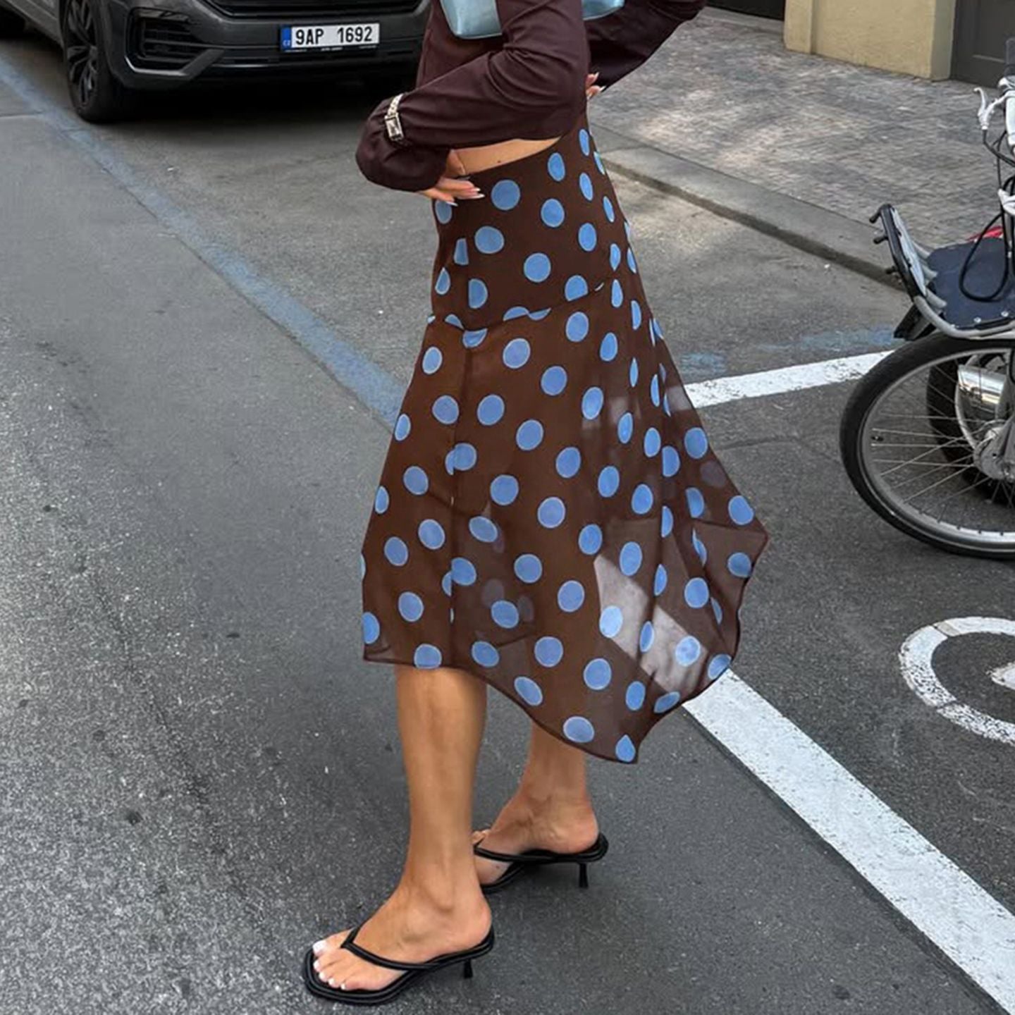 BIIKPIIK Casual Women Polka Dot Skirts Lettuce Trim Beige Elegant Midi Skirts St