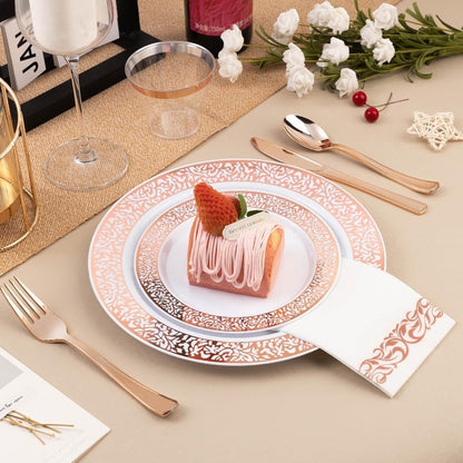 700 Peças de Utensílios de Mesa de Plástico Ouro Rosé para 100 Convidados, Pratos Descartáveis para Festa de Casamento Incluindo 100 Pratos de Jantar Rosé 100 D