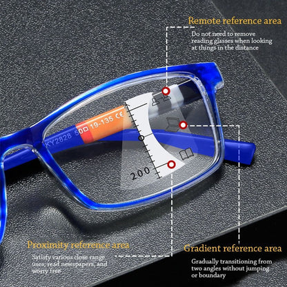 Óculos de Leitura Multifocais Antiluz Azul Progressivos de Perto e Longe, Bloqueadores de Raios Azuis, Óculos Quadrados para Proteção Ocular Ultraleves