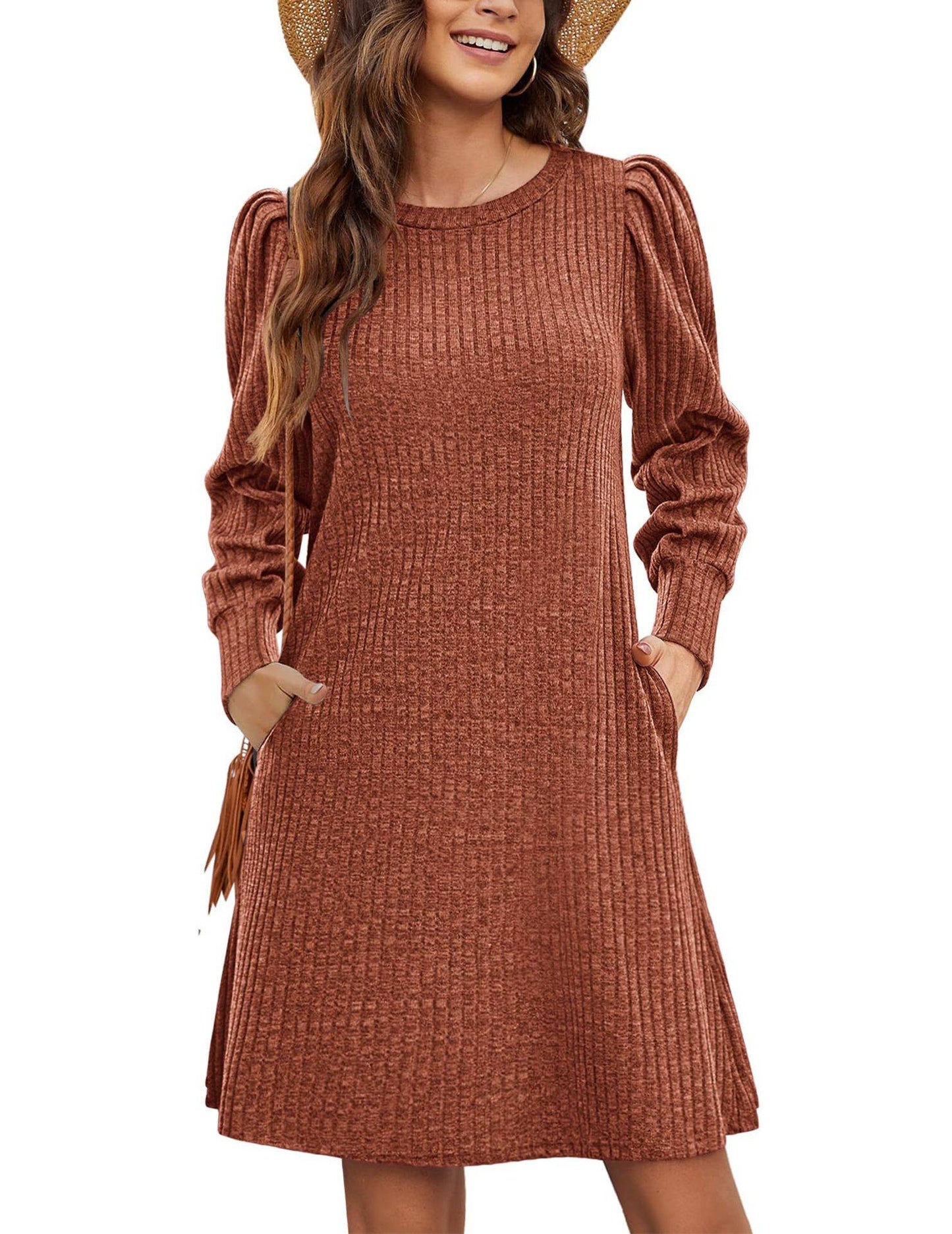 Y2K autumn and winter women's crew neck solid color sweater bubble sleeve fashion commuter dress comfortable casual loose dress